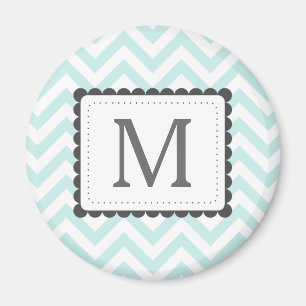 Mint Blauw en Wit Chevron Aangepast Monogram Magneet