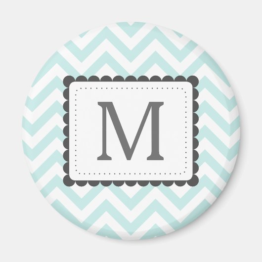 Mint Blauw en Wit Chevron Aangepast Monogram Magneet (Voorkant)