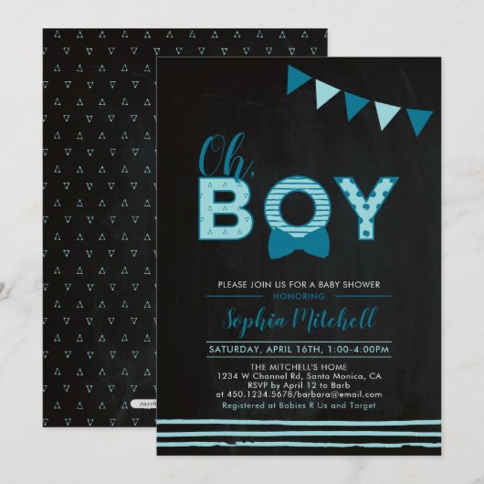 Mint blauw en zeemacht | Chalkboard "Oh Boy"-Baby  Kaart (Voorkant / Achterkant)