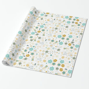Mint Blauw Geel Chic Bloemen Verjaardag Cadeaupapier