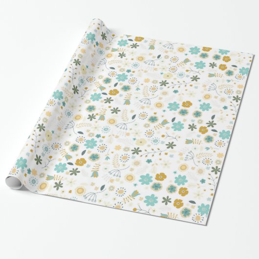 Mint Blauw Geel Chic Bloemen Verjaardag Cadeaupapier (Uitgerold)
