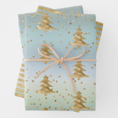 Mint Blauw Goud Strepen Kerstbomen Sparkle Inpakpapier Vel (In situ)