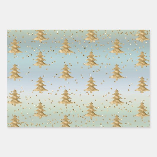 Mint Blauw Goud Strepen Kerstbomen Sparkle Inpakpapier Vel (Voorkant)