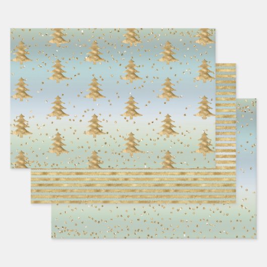 Mint Blauw Goud Strepen Kerstbomen Sparkle Inpakpapier Vel (Set)