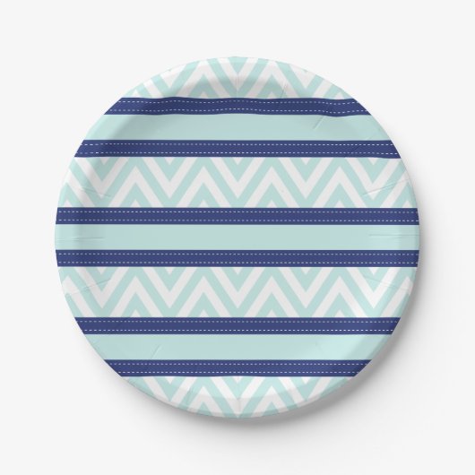Mint Blauw & Navy Stripes Chevron patroon Papieren Bordje (Voorkant)