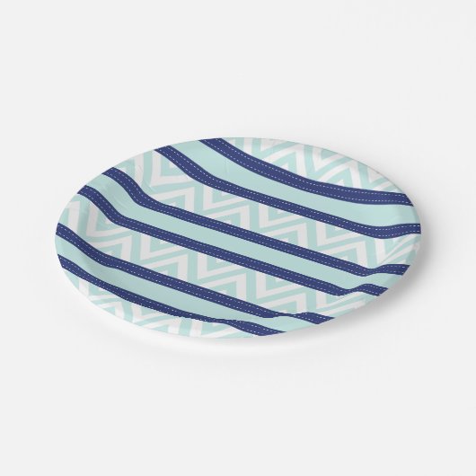Mint Blauw & Navy Stripes Chevron patroon Papieren Bordje (Gekanteld)