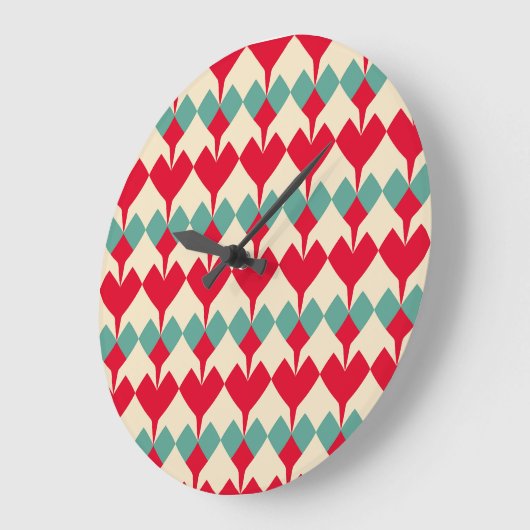 Mint blauw, rode harten tegel patroon. grote klok (Hoek)