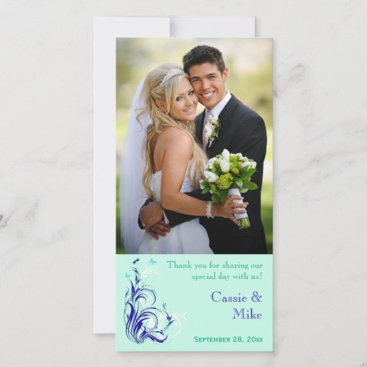 Mint, Blauw, White Floral Wedding Photo Card Bedankkaart (Voorkant)