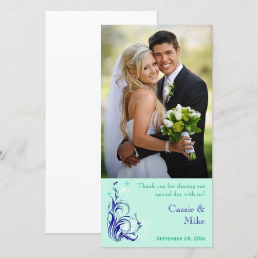 Mint, Blauw, White Floral Wedding Photo Card Bedankkaart (Voorkant / Achterkant)
