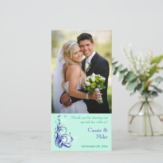 Mint, Blauw, White Floral Wedding Photo Card Bedankkaart (Staand voorkant)