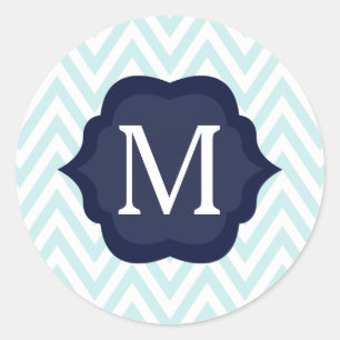 Mint Blauw & Wit Chevron Marine Monogram Ontwerp Ronde Sticker