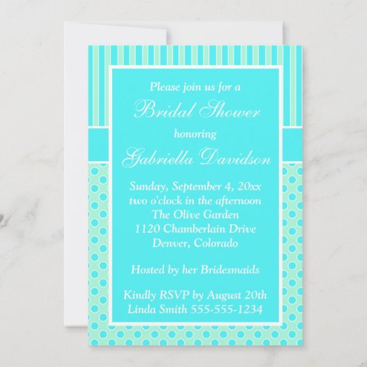 Mint, blauw, witte pokadop, Stripes Shower Invite Kaart (Achterkant)