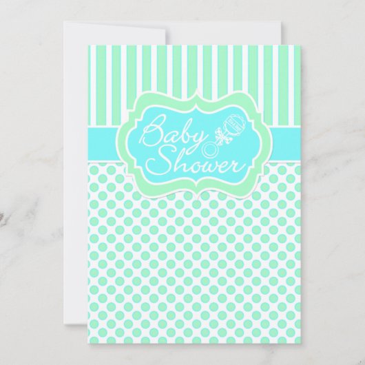 Mint, blauw, witte strepen, Stippen Baby shower no Kaart (Voorkant)