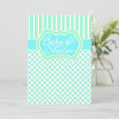 Mint, blauw, witte strepen, Stippen Baby shower no Kaart (Staand voorkant)