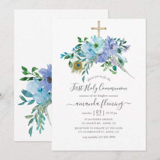 Mint & Blauwe Aquarel Boho Bloemstuk Heilige Commu Kaart (Voorkant / Achterkant)