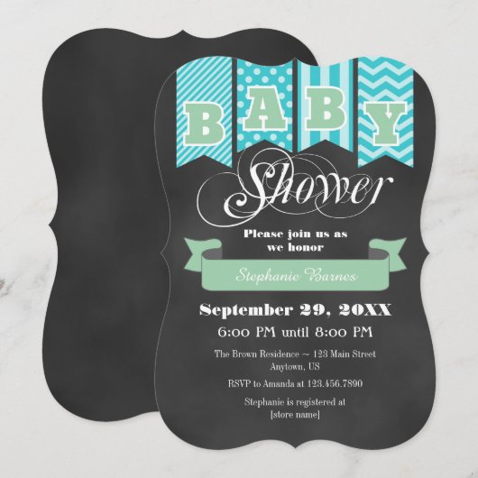 Mint Blauwgroen Chalkboard Flag Baby shower Uitnod Kaart (Voorkant / Achterkant)