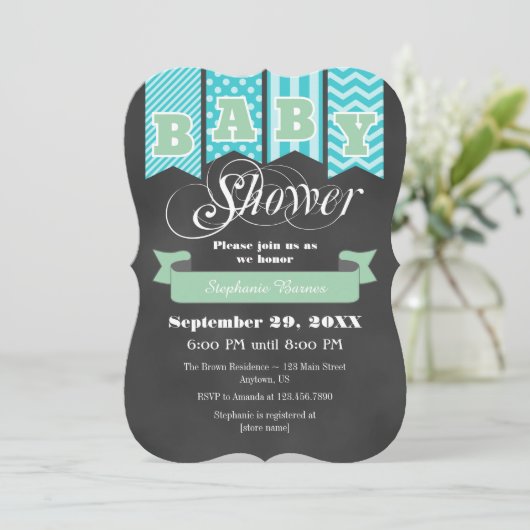 Mint Blauwgroen Chalkboard Flag Baby shower Uitnod Kaart (Staand voorkant)
