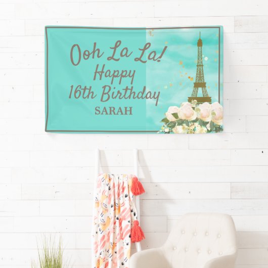 Mint Blauwgroen Gold Sweet 16 Paris Eiffel Tower Spandoek (Insitu)