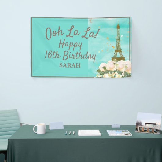 Mint Blauwgroen Gold Sweet 16 Paris Eiffel Tower Spandoek (Beurs)