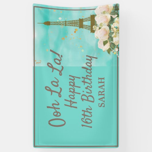 Mint Blauwgroen Gold Sweet 16 Paris Eiffel Tower Spandoek (Verticaal)