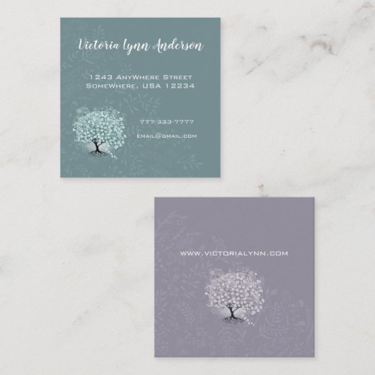 Mint Blauwgroen Heart Leaf Tree Boho Floral and Fe Vierkante Visitekaartje (Voorkant / Achterkant)