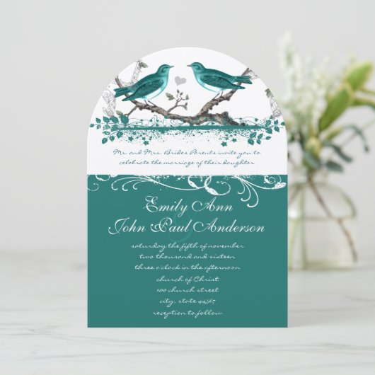 Mint Blauwgroen Romantic Rustic Love Bird Wedding Kaart (Staand voorkant)