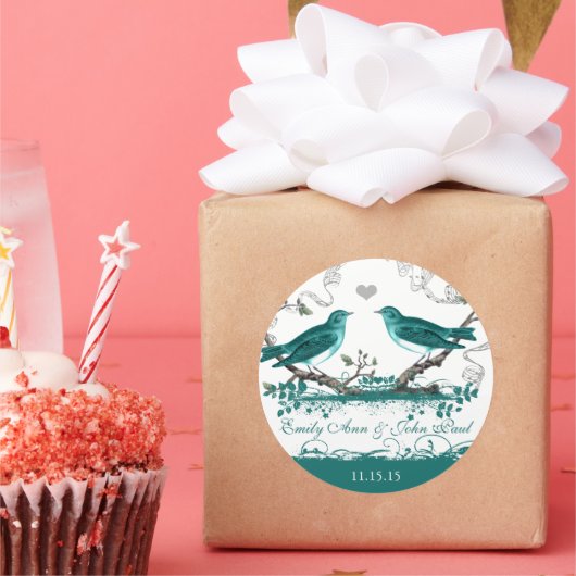 Mint Blauwgroen Romantic Rustic Love Bird Wedding Ronde Sticker (Feest)