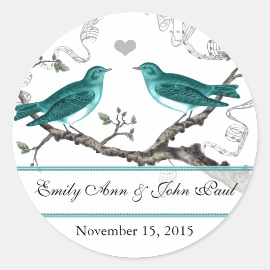 Mint Blauwgroen Romantic Rustic Love Bird Wedding Ronde Sticker (Voorkant)