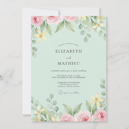 Mint Bleke Blush Bladerige Trouw Kaart (Voorkant)