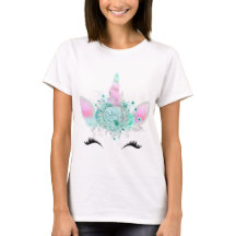 Mint Bloemen Eenhoorn Gezicht T-shirt