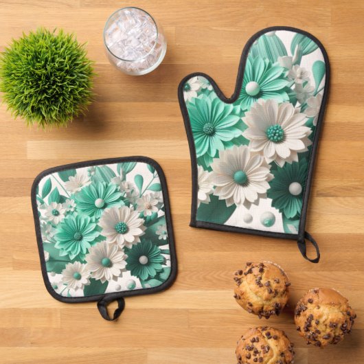 Mint Blossom Oven Mitt Set for Cook  porta olla (Top down)