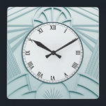 Mint Blue Art Deco Clock - Stijlvolle Abstracte li Vierkante Klok<br><div class="desc">"Art Deco Clock",  "Art Nouveau Clock",  "Light Pastel Mint Blue",  "1920s geometric symmetrical lines",  "Stylish Sophisticated 1920 Style",  "Smart Luxury",  "Retro  luxueus antiek",  "Elegant lijn patroon design",  "Glamoureuze Glam Square Clock",  "Classy Classic Glamor"</div>