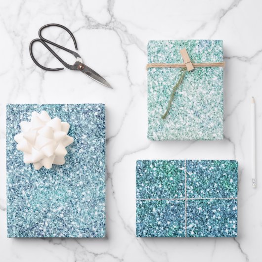 Mint Blue Blauwgroen Ombre Sparkle Glitter Inpakpapier Vel (Voorkant)