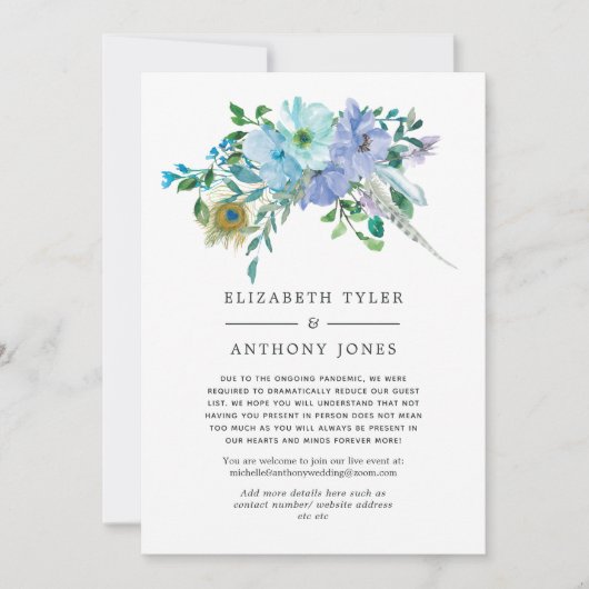 Mint & Blue Boho Floral Verminderde bruiloft gaste Aankondiging (Voorkant)