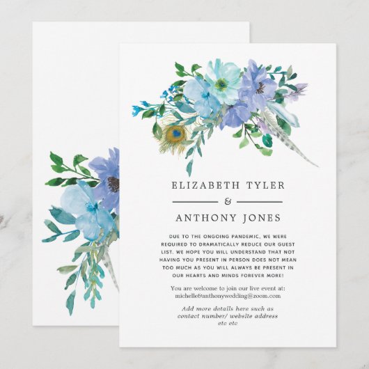 Mint & Blue Boho Floral Verminderde bruiloft gaste Aankondiging (Voorkant / Achterkant)