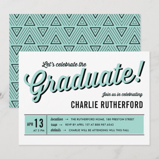 Mint Blue Diner Retro Typografie GraduPartij Kaart (Voorkant / Achterkant)