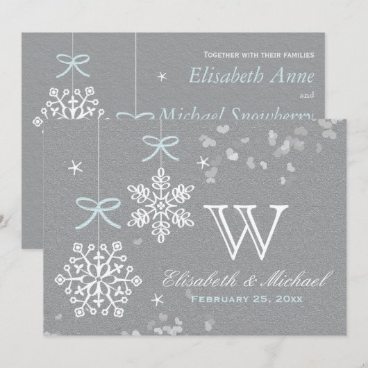 Mint Blue en Grey Snowflake Wedding Invitations Kaart (Voorkant / Achterkant)