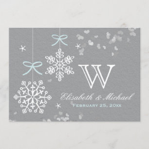 Mint Blue en Grey Snowflake Wedding Invitations Kaart