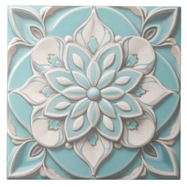 Mint Blue Faux Relief Elegante Bloemen Tegeltje
