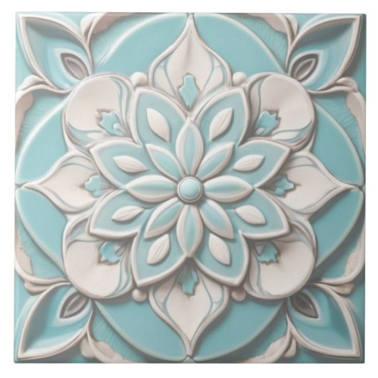 Mint Blue Faux Relief Elegante Bloemen Tegeltje (Voorkant)