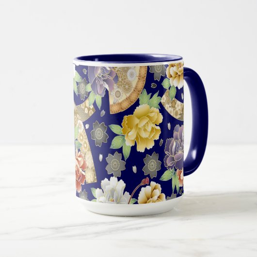 Mint Blue Gold Flowers Beautiful Japanese Pattern Mok (Voorkant rechts)