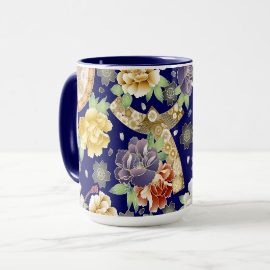 Mint Blue Gold Flowers Beautiful Japanese Pattern Mok (Voorkant links)