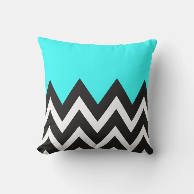 Mint Blue met zwarte en witte Chevron Kussen (Voorkant)