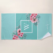 Mint Blue Monogram Waterverf Flowers Beach Towel Strandlaken (Voorkant)