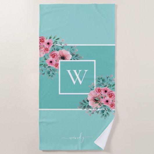 Mint Blue Monogram Waterverf Flowers Beach Towel Strandlaken (Voorkant)