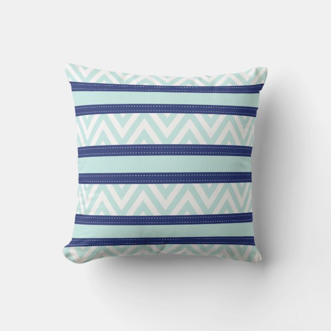 Mint Blue & Navy Stripes Chevron Pattern Kussen (Voorkant)