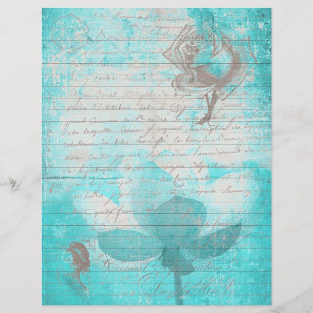 Mint blue old handwritting paper and flowers (Voorkant)