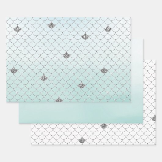 Mint Blue Ombre Silver Glitter Mermaid Inpakpapier Vel (Set)