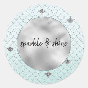 Mint Blue Ombre Silver Glitter Mermaid Ronde Sticker
