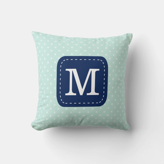 Mint Blue Polka Dot Pattern met Custom Monogram Kussen (Voorkant)